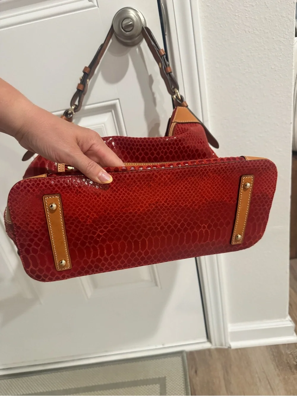 Dooney & Bourke Red Snake-Embossed Hobo with Tan Trim